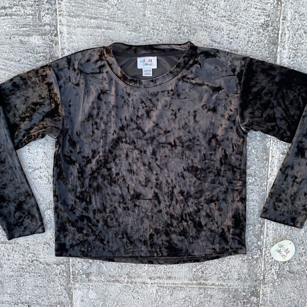 Colorful Planet Girl Top Blouse Black Velvet Long Sleeve Size L(10-12)